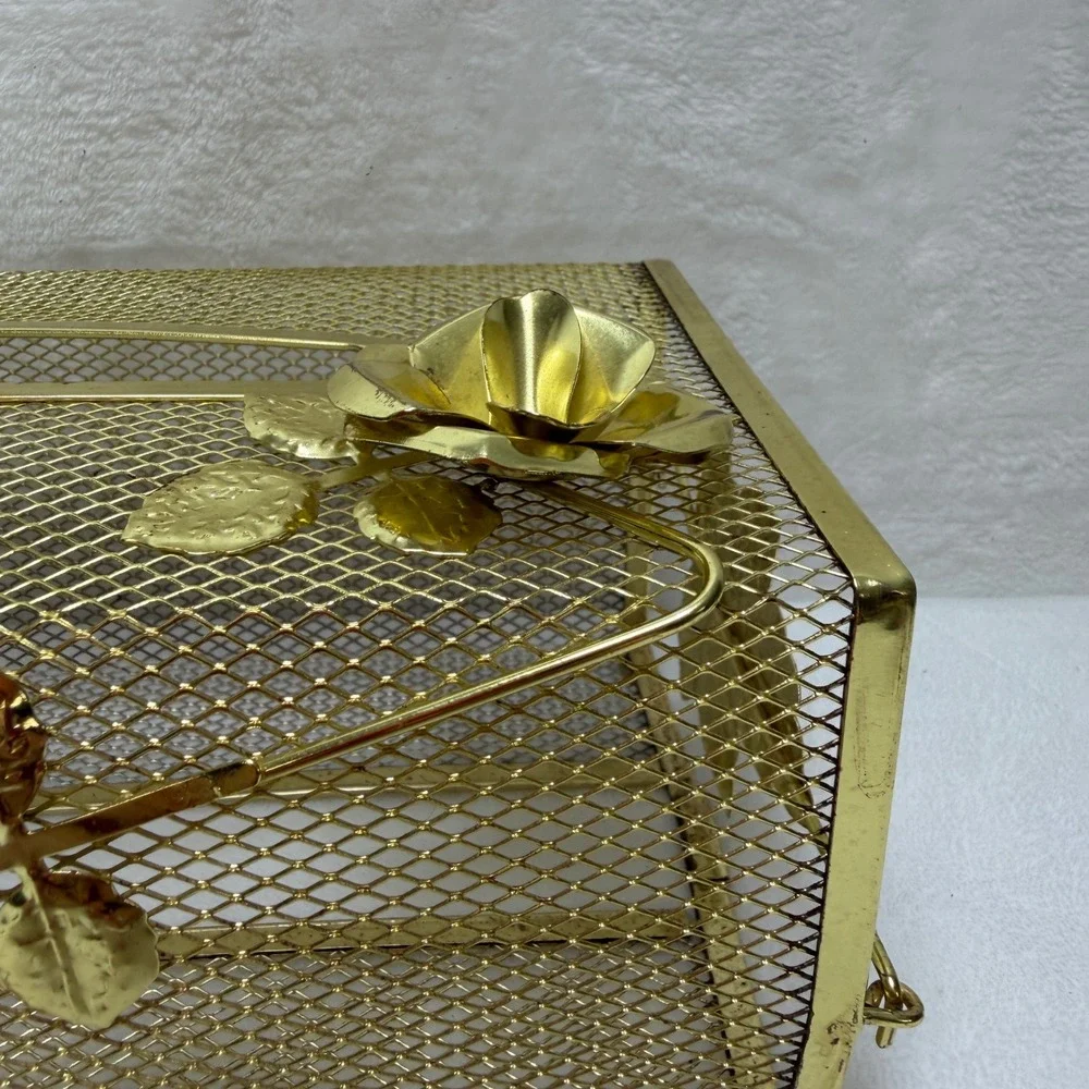 VTG Gold Tone Mesh Tissue Box‎ Cover Holder Hollywood Regency Rose Floral Metal
